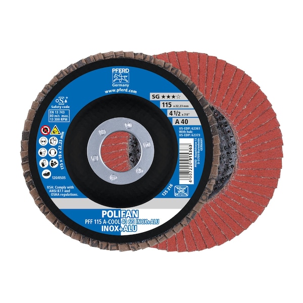 Pferd 4-1/2" x 7/8" A.H. POLIFAN Flap Disc - A-COOL SG INOX+ALU, Aluminum oxide, 40 Grit, Flat 62361 - main